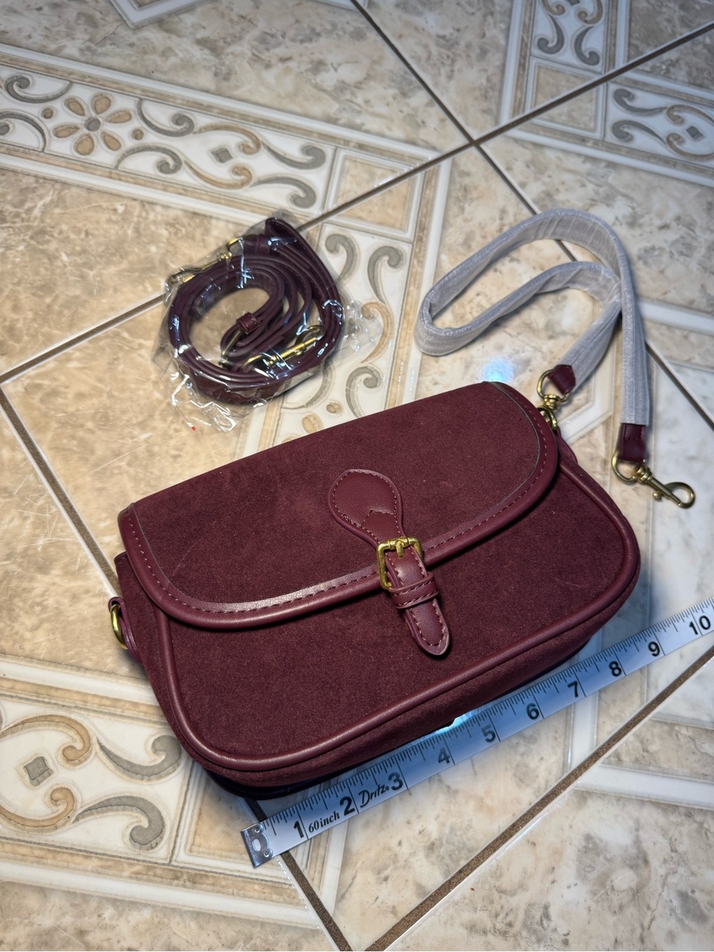 Burgundy Suede Crossbody Bag with Buckle Detail